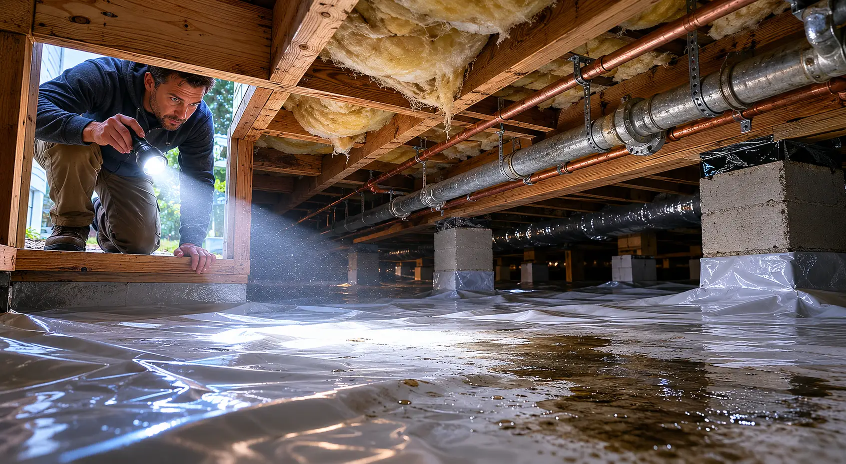 Homeowner inspecting a Pacific Northwest crawl space with a flashlight, revealing moisture on vapor barrier and aging pipes beneath a Washington home