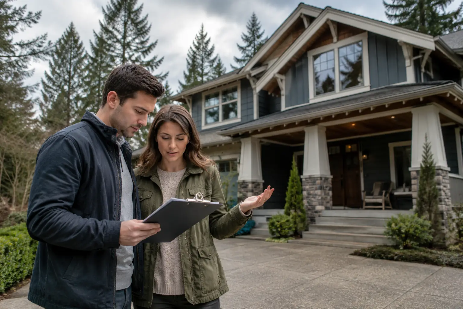 Washington home buyers reviewing inspection documents outside a Pacific Northwest craftsman home before closing on a purchase