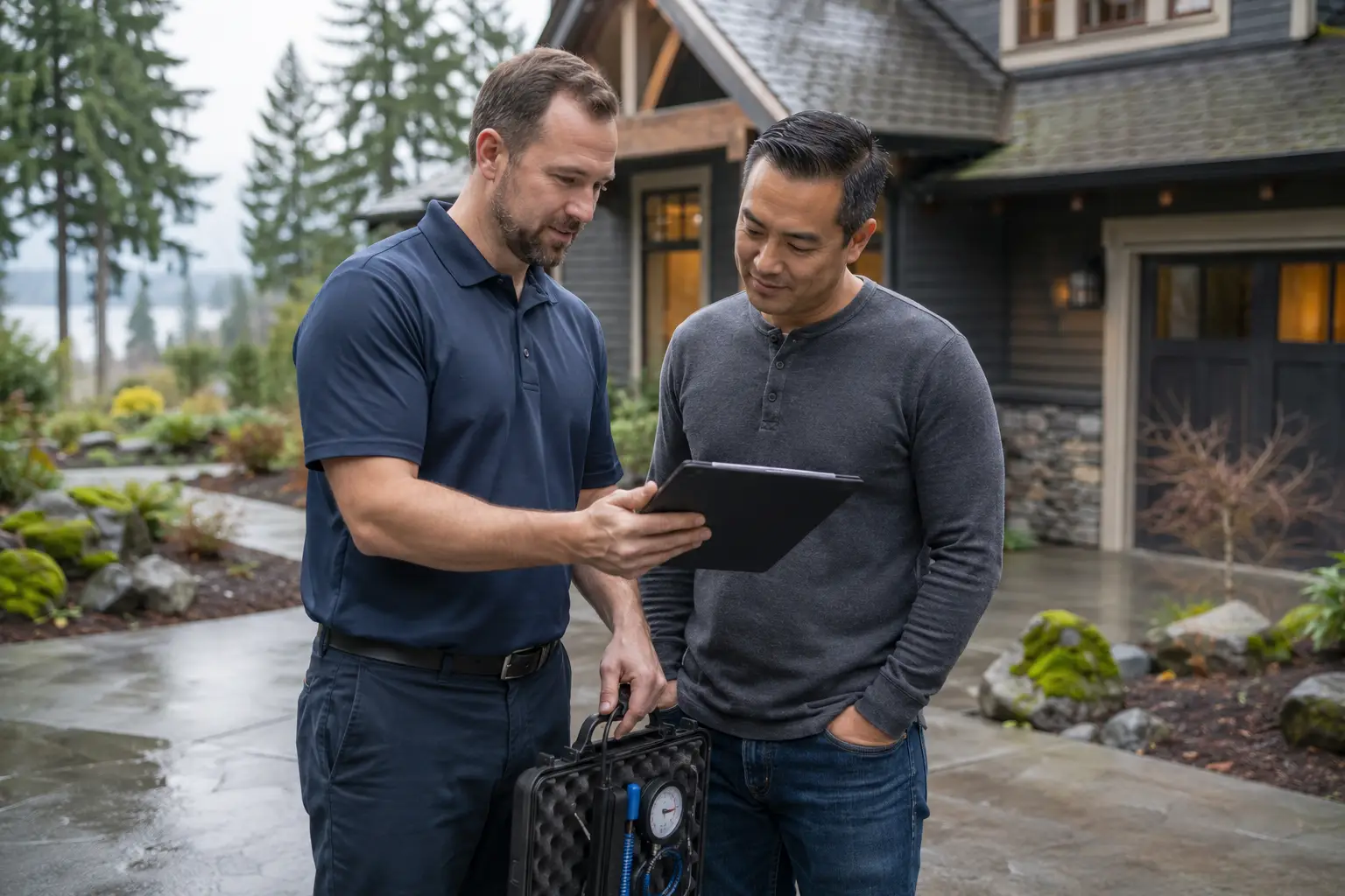 Thought process Thought process Here's the full metadata package for the leak detection cost article. Alt Text: "Leak detection technician reviewing a cost estimate with a homeowner outside a Pacific Northwest home
