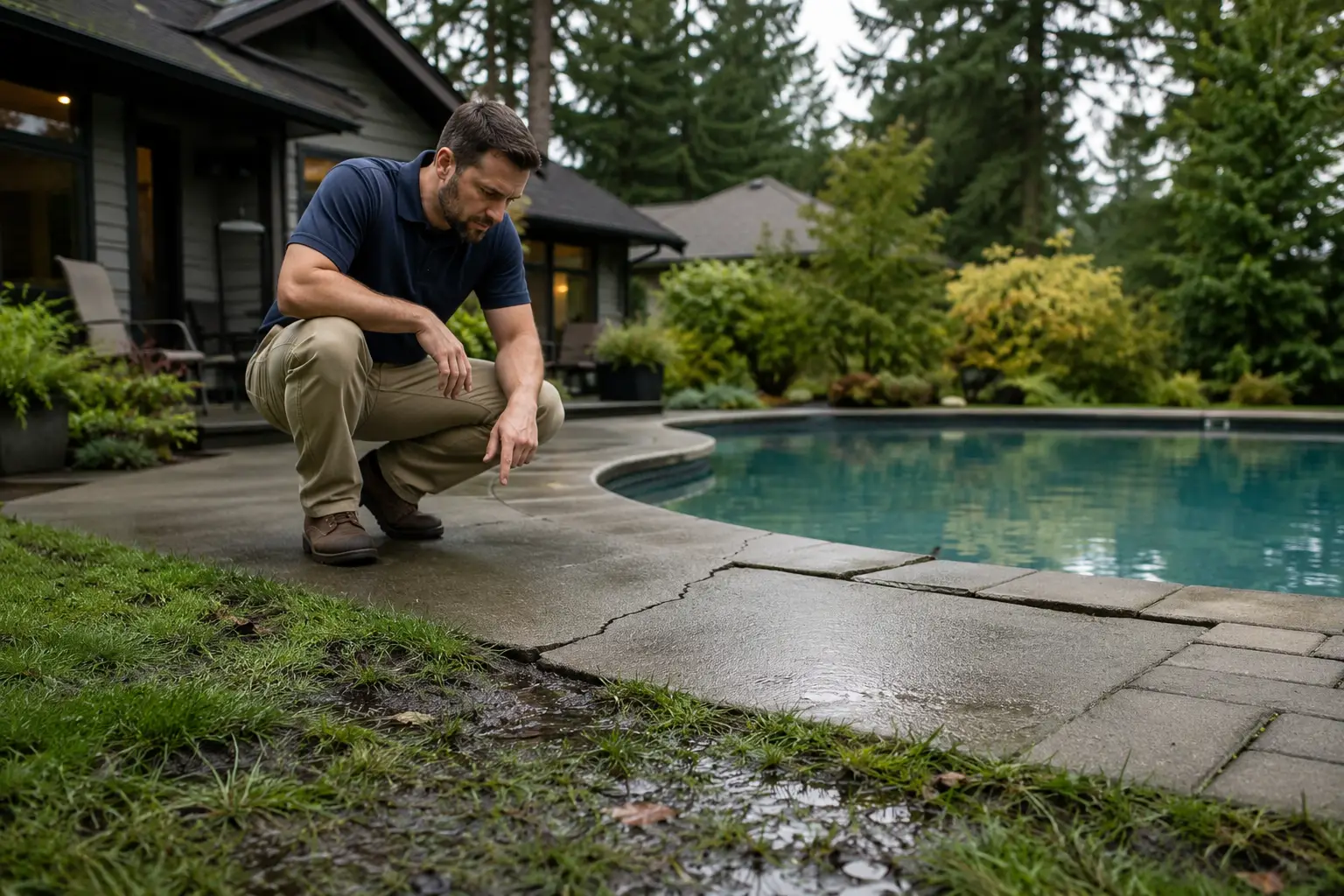 Cracked and settling pool deck beside an in-ground pool in western Washington, with a technician inspecting damage caused by a hidden leak