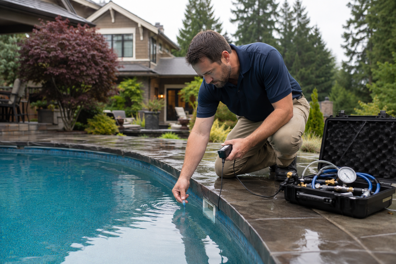 Pool leak detection technician using diagnostic equipment at the edge of a full backyard pool in western Washington