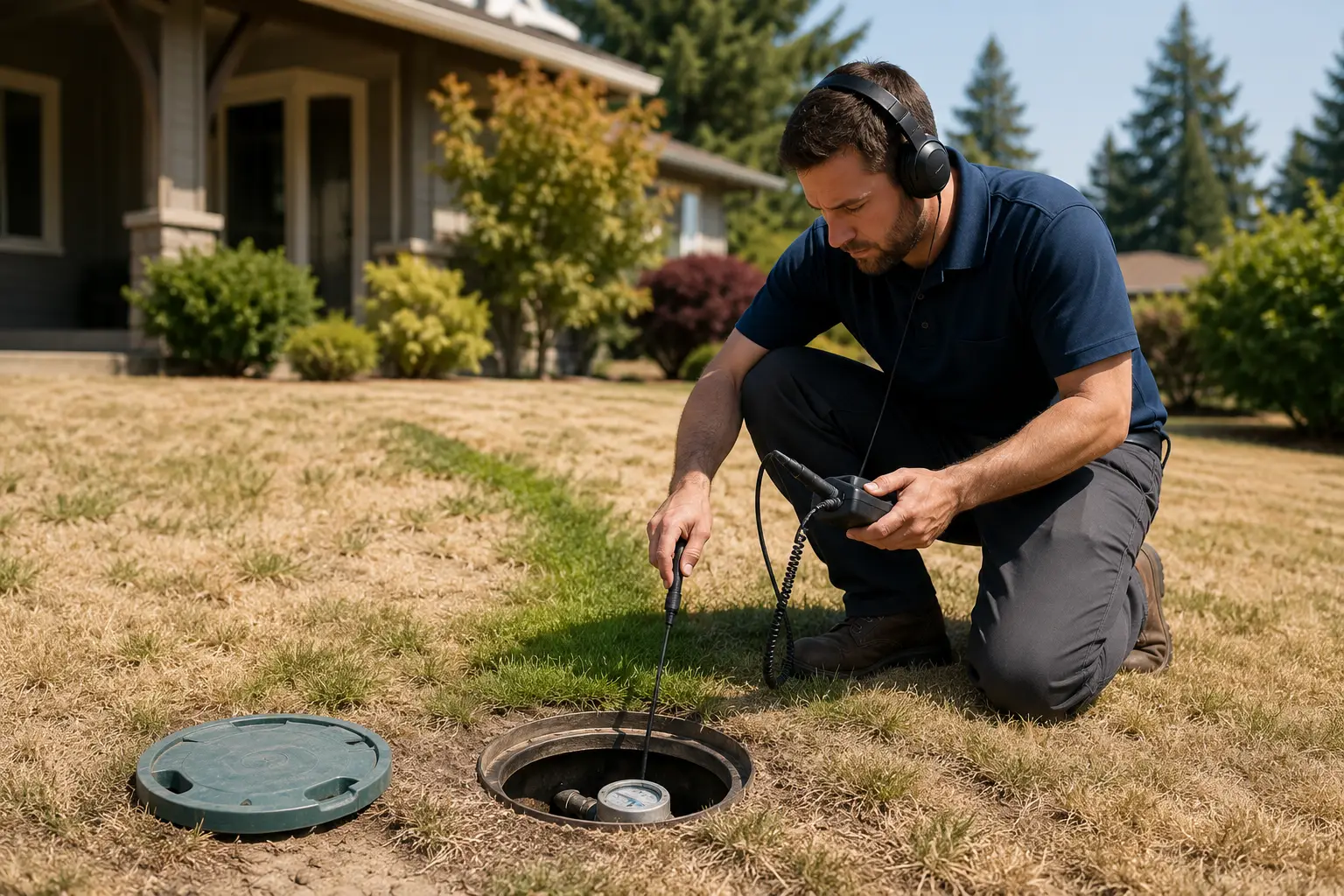 Leak detection technician checking a residential water meter during a Washington summer drought, with drought-stressed lawn and one unusually green strip signaling a hidden leak