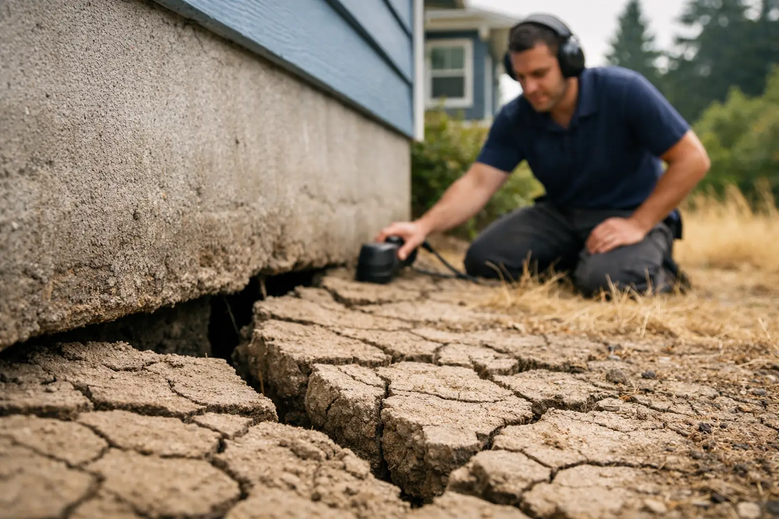 Dry, cracked clay soil shrinking away from a Washington home's foundation during summer drought, with a leak detection technician investigating with acoustic equipment