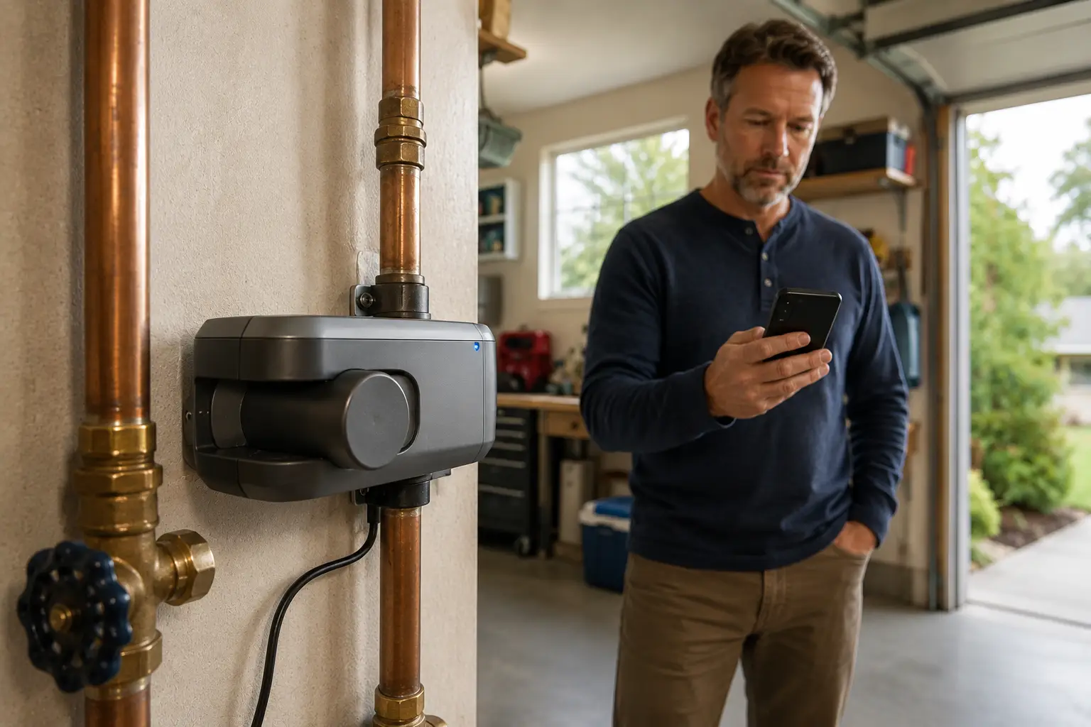 Smart water monitor and automatic shutoff device installed on a home's main water line, with a homeowner reviewing a monitoring app on a smartphone