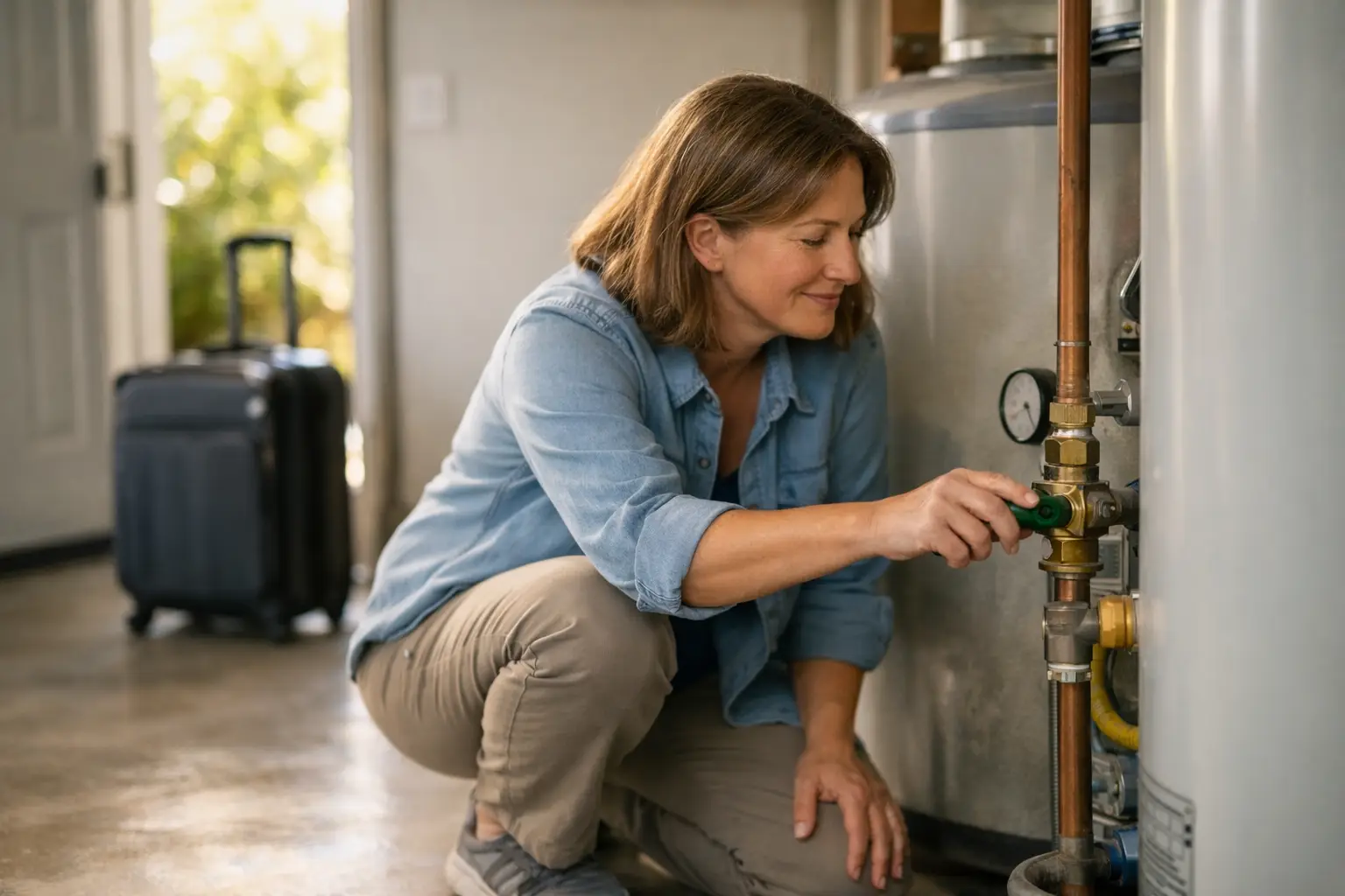 Homeowner shutting off the main water valve in a Pacific Northwest home before leaving on vacation, with a packed bag nearby