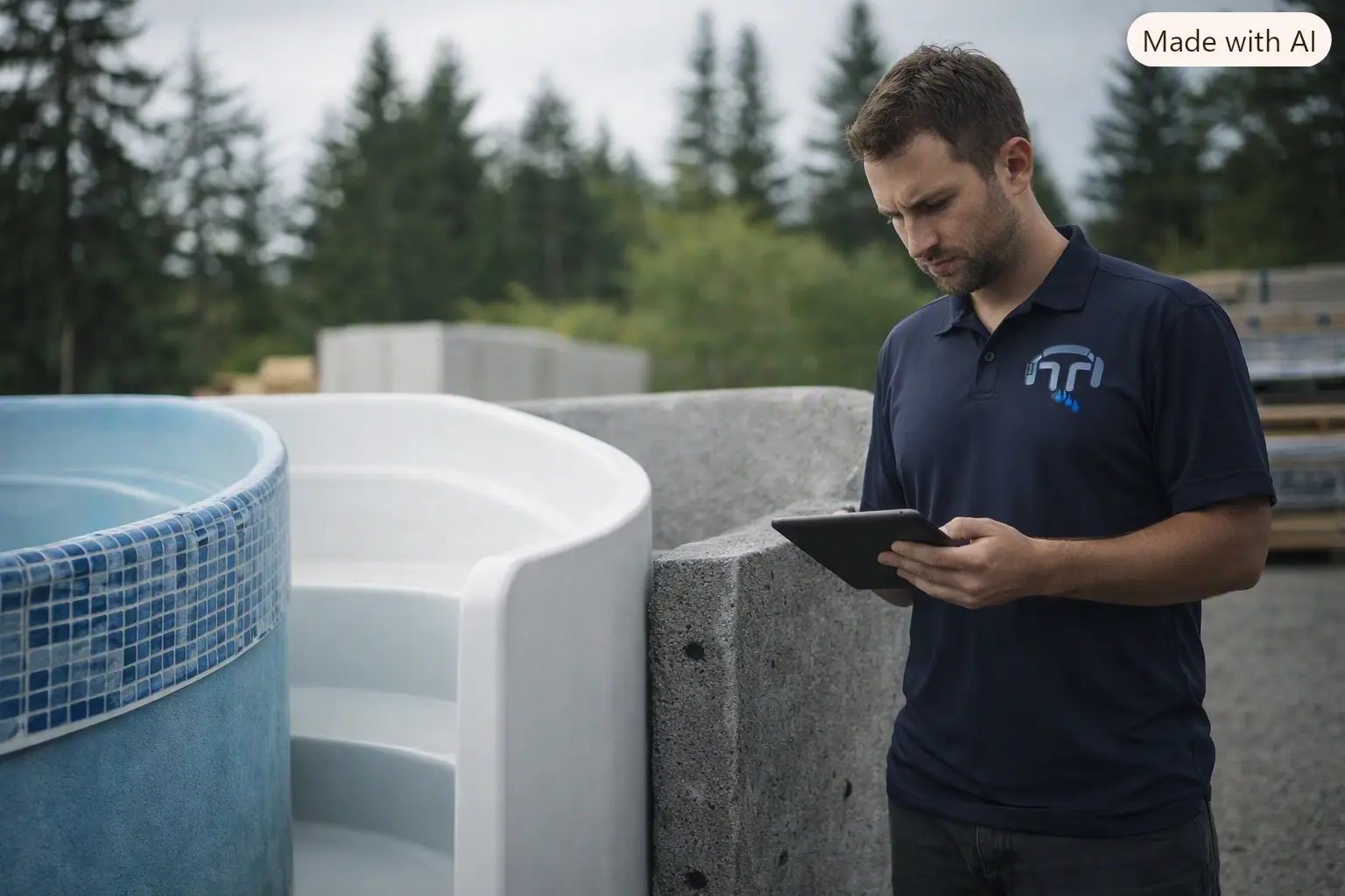 Comparison of vinyl liner, fiberglass, and concrete pool shell materials with a leak detection technician examining leak-prone points on each type