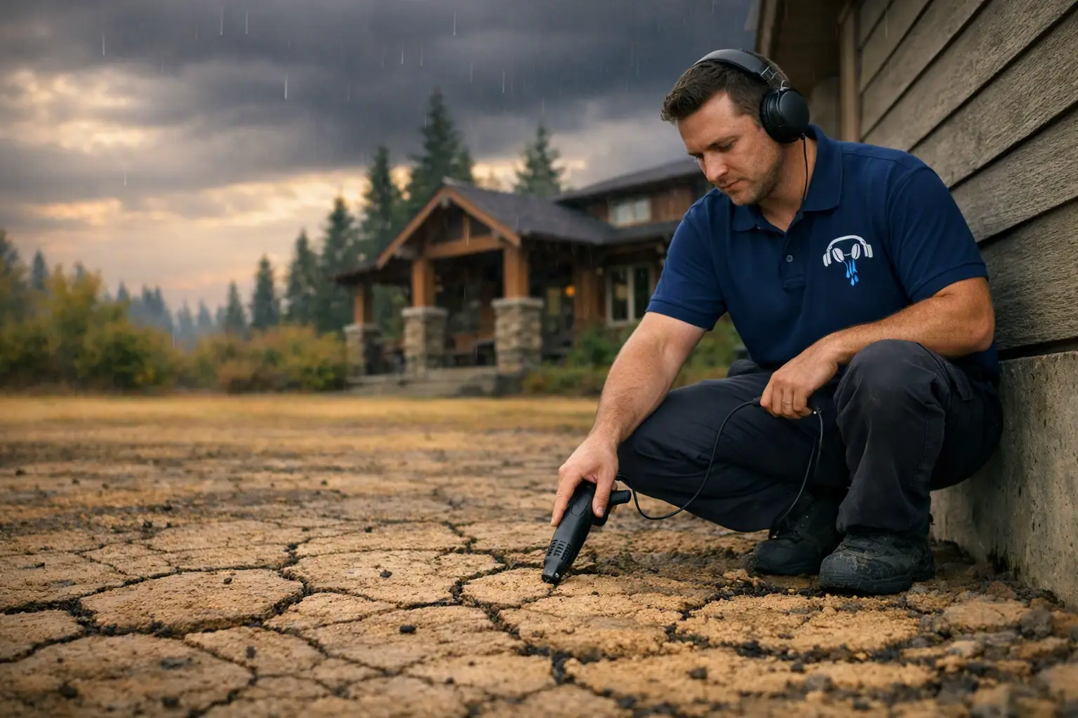 Dry cracked soil beside a Washington home's foundation meeting the first fall rain, with a leak detection technician checking the ground before the wet season
