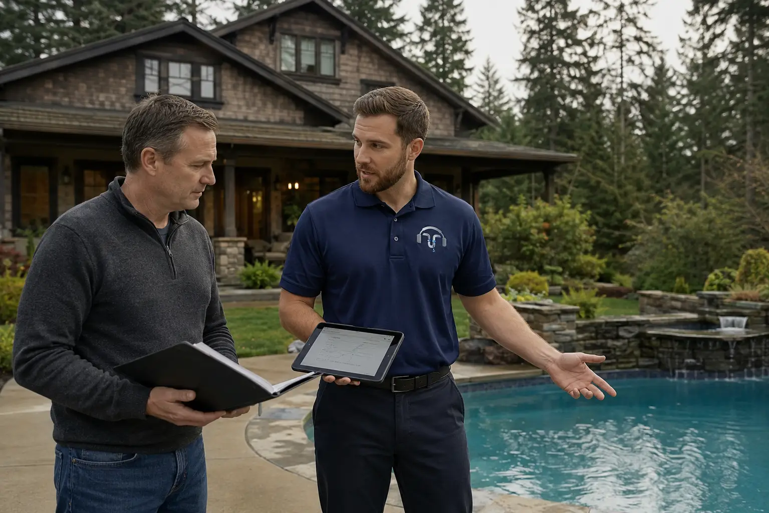 Homeowner and leak detection technician discussing pool leak findings and documentation at poolside in western Washington