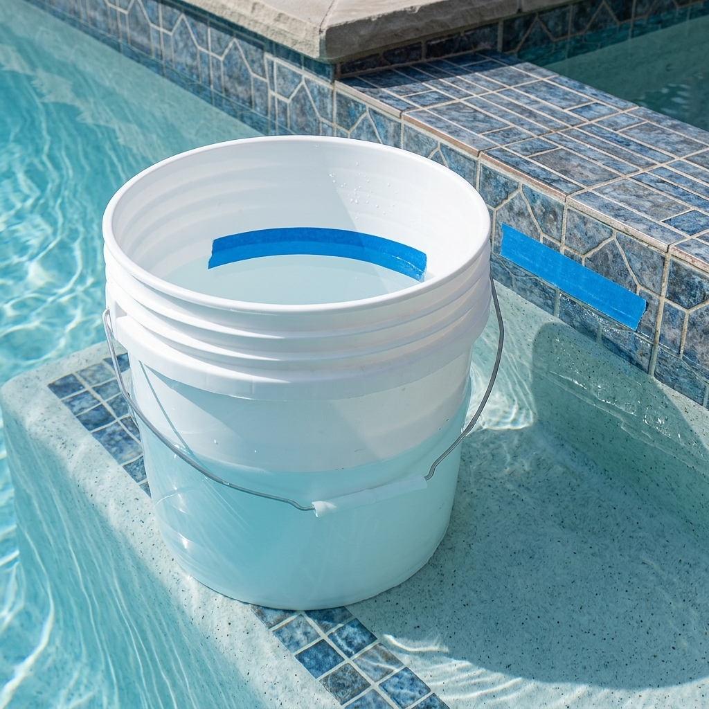 Bucket test on a pool step with tape marks showing the pool dropping faster than the bucket
