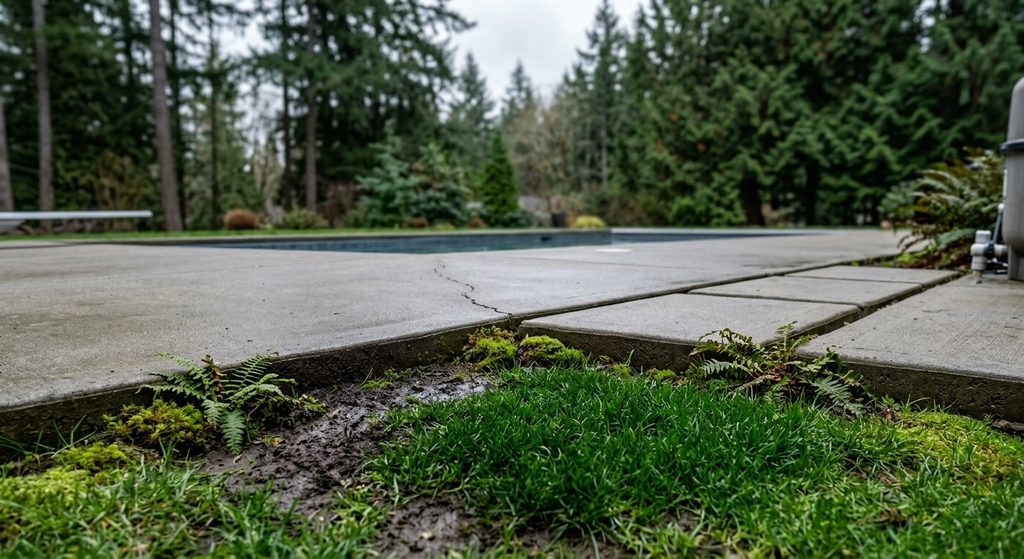 Wet ground and a crack beside a pool deck, a sign of an underground pool leak