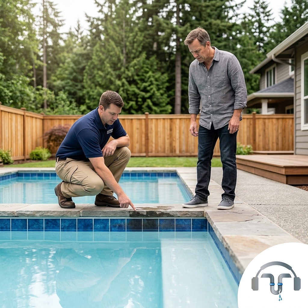 How to tell if pool is leaking: technician and homeowner checking a Washington pool with a low water line