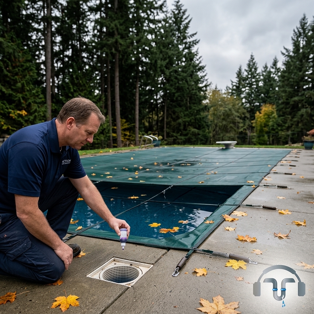 Pool leak detection before winterizing: technician checking the skimmer of a covered Washington pool
