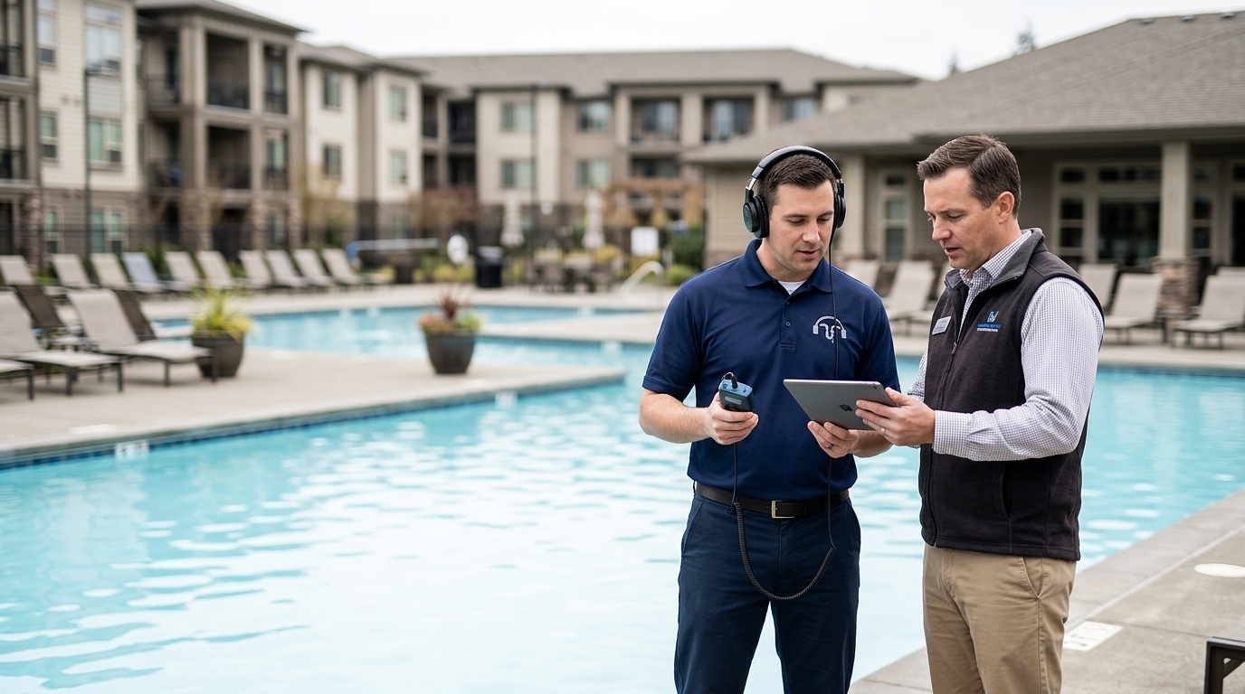 Commercial pool leak detection technician reviewing findings with a property manager at a shared pool in Washington